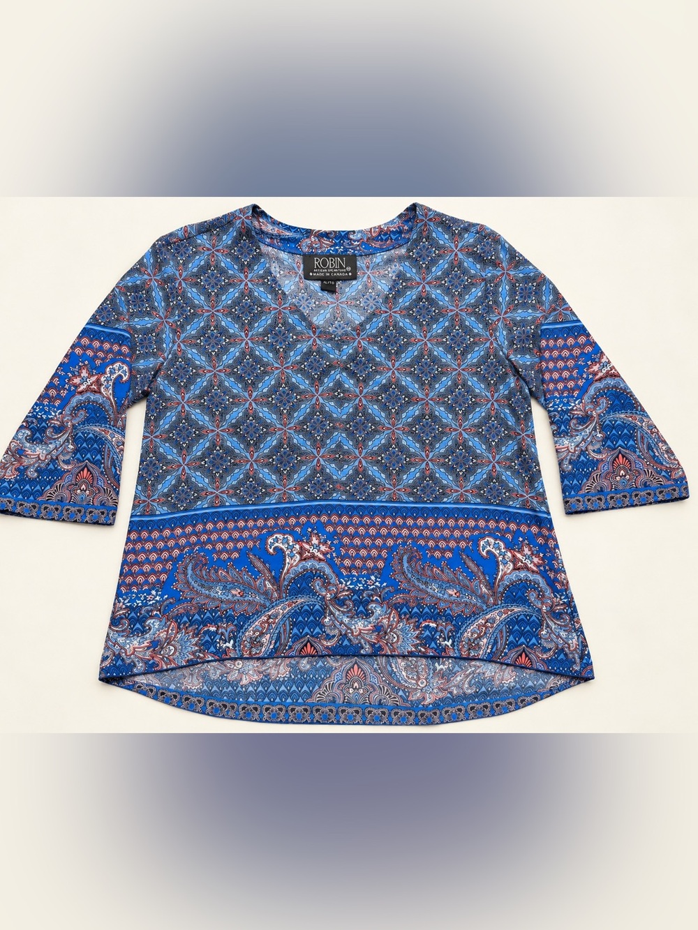 Artizan Robin Barré Blue Paisley Tunic Top XL Made in Canada